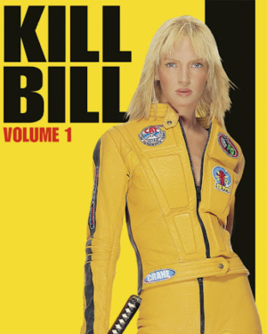 Αφίσα της ταινίας Kill Bill: Vol. 1 με την Ούμα Θέρμαν ντυμένη στα κίτρινα να κρατά κατάνα σε στάση μάχης